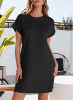 Load image into Gallery viewer, EVALESS Womens Summer Dresses 2025 Fashion Short Sleeve Cute Spring Mini Dress Crewneck Solid Casual Beach Vacation Clothes Tshirt Dresses with Pockets Black Small

