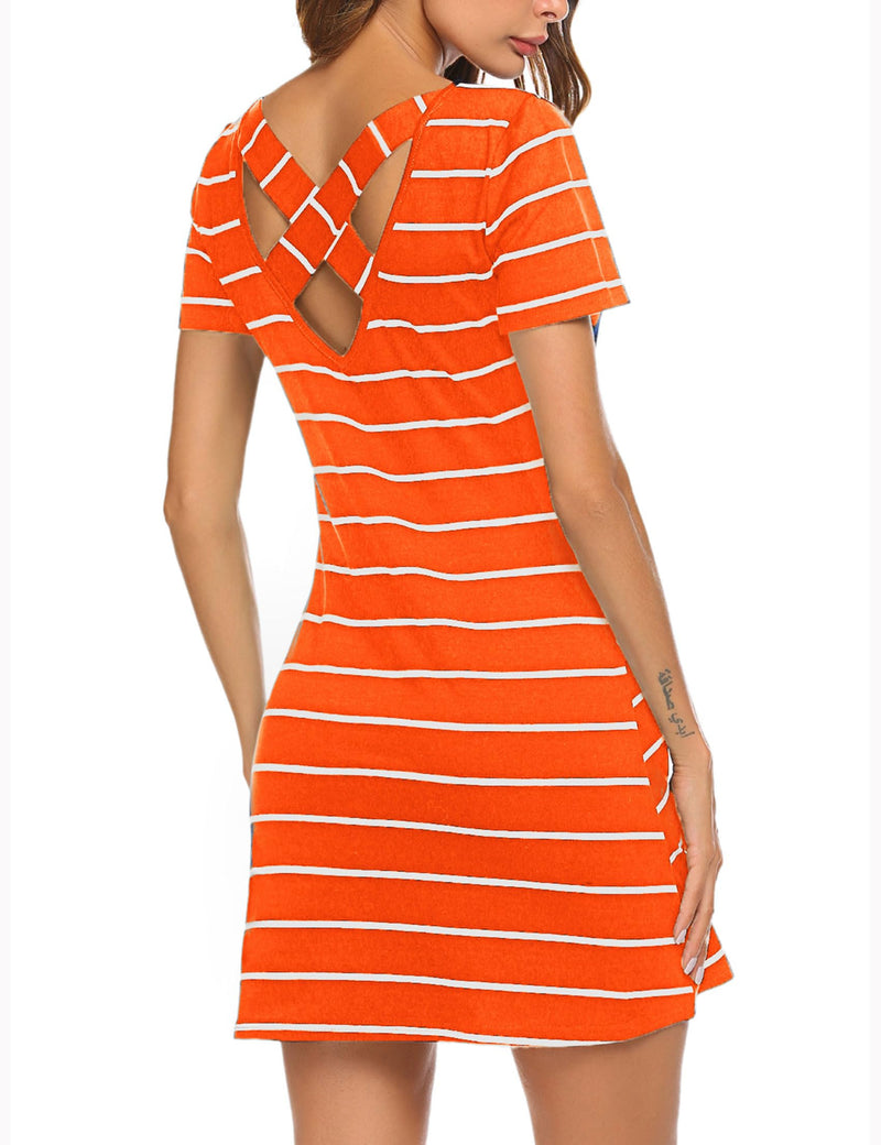 Feager Women's Casual Summer Dresses Striped Criss Cross Short Sleeve T Shirt Dress Orange L
