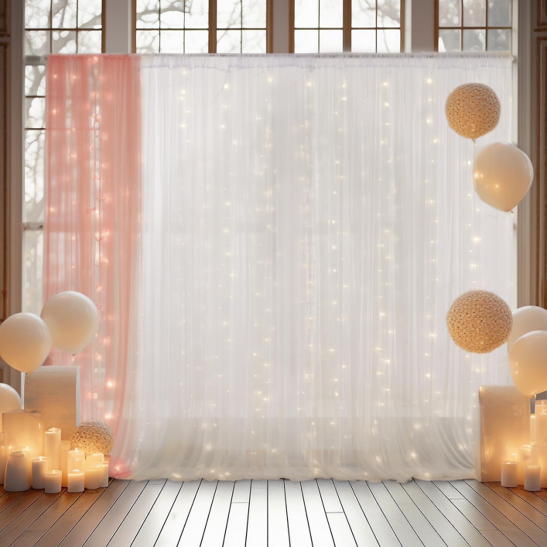 10×8ft White Tulle Curtain Backdrop with Lights String for Parites, Sheer Backdrop Curtain Drapes for Wedding Photo Baby Shower Photography Birthday Party