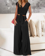 Load image into Gallery viewer, PRETTYGARDEN Women&#39;s Summer 2 Piece Outfits 2025 Cap Sleeve V Neck Belted Crop Tops Wide Leg Pant Sets Casual Tracksuit(Solid Black,Medium)
