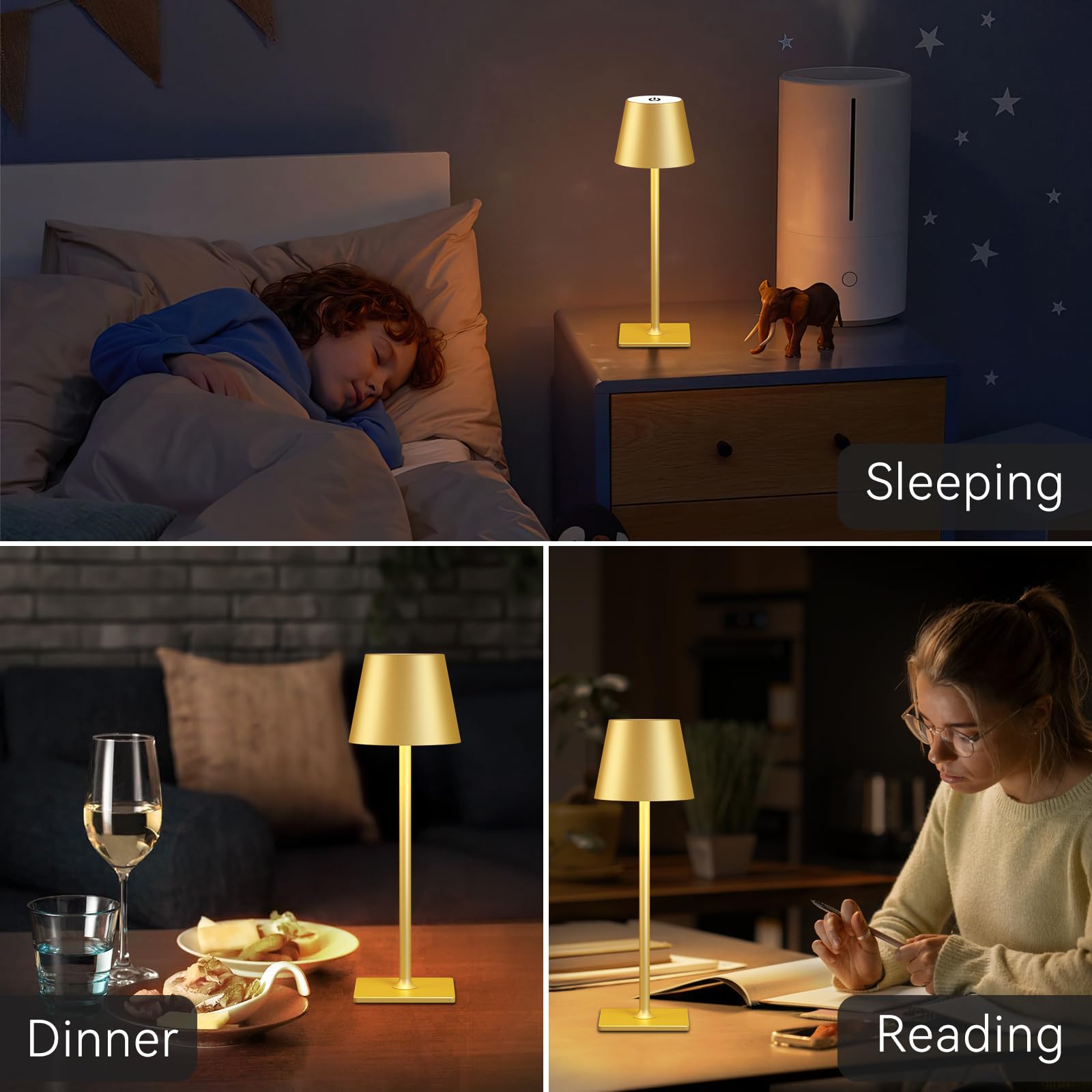 Yogaret 2 Pack Gold Rechargeable Table Lamps,Cordless Lamp with 6000mAh Battery Operated,Wireless Lamp for Restaurant Home Dinner Dining Kitchen Outdoor Patio,Waterproof & Portable