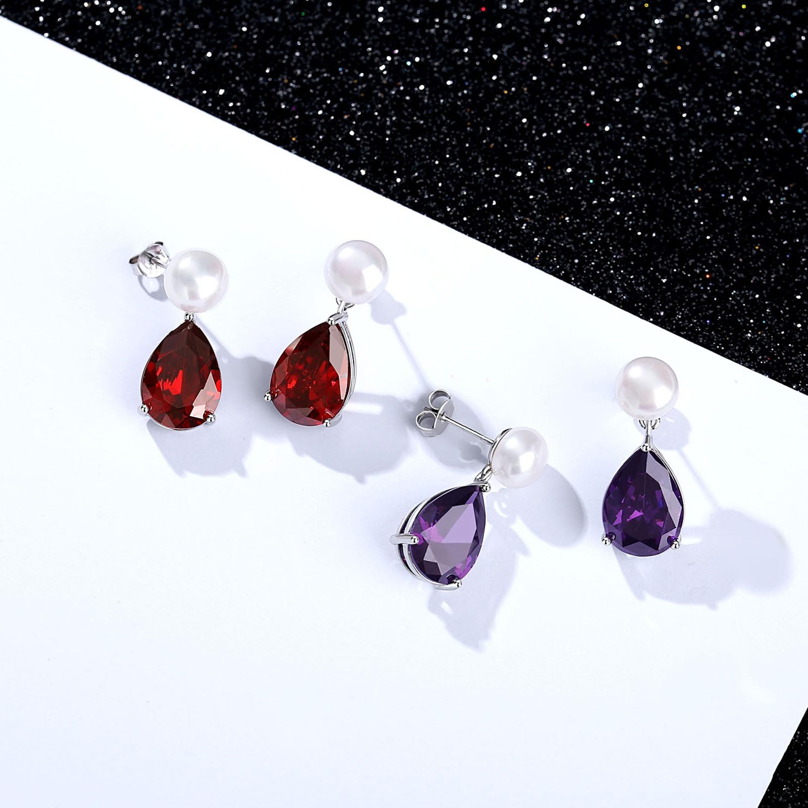YAMI Pearl Earrings for Women, 925 Sterling Silver Birthstone Teardrop Stud Dangle Earrings, Created Garnet Pear Shaped Zircon Drop Earrings, 8-8.5MM Freshwater Cultured Pearl Jewelry