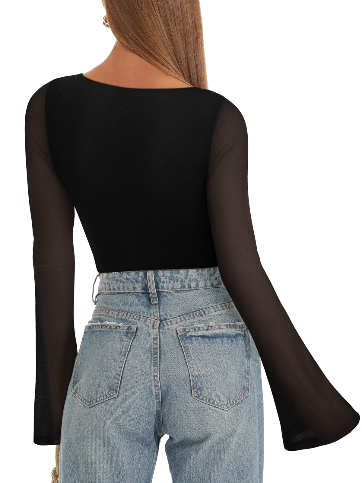 REORIA Women’s Fall Trendy Sexy Boat Neck Long Sleeve Sheer Mesh Slimming Going Out Bodysuit Tops for Vacation Black Medium