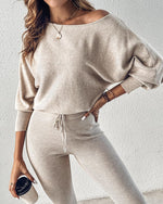 Load image into Gallery viewer, CHICME 2 Piece Lounge Outfit Long Sleeve Knit Pullover Tops Drawstring Pants Set Tracksuit Sweatsuit Beige-XL
