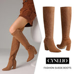 Load image into Gallery viewer, CYNLLIO Suede Brown Knee High Boots for Women Tall Wide Calf Tan Boots Fall Long Boot 3.35" Chunky Heeled Pointed Toe Botas de Mujer Elegantes Size 8.5
