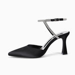 Load image into Gallery viewer, Coutgo Women Rhinestone Heels Kitten High Satin Pumps Pointed Toe Sparkly Sexy Wedding Dress Shoes Black
