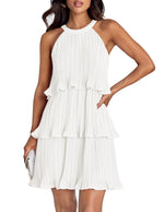 Load image into Gallery viewer, ZESICA Women&#39;s 2024 Summer Halter Dresses Sleeveless Ruffle Tiered Layered Chiffon Pleated A Line Swing Mini Dress,White,Medium
