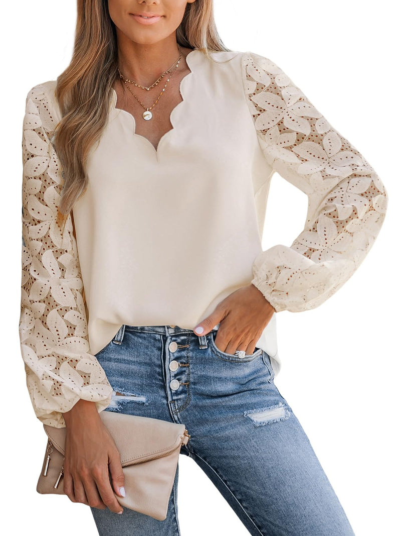 CUPSHE Women Floral Scalloped Top Lace Blouses V Neck Shirts Cream M