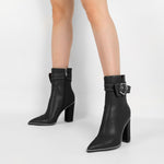 Load image into Gallery viewer, Zamikoo Women Boots Ankle Block Chunky Heel Pointed Toe Beaded High Heeled Fall Short Booties Buckle Strap Side Zipper 3.5 Inches Matte Black US Size 7
