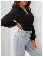 Load image into Gallery viewer, WDIRARA Women's Mesh Sheer Lantern Long Sleeve Bodysuit Wrap V Neck Blouse Black Small
