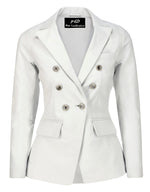Load image into Gallery viewer, Jild Double Breasted Fancy Buttons Lambskin Leather Blazer Women - Kim Kardashian Long Sleeve Coat Style Leather Jacket Women (FC-White-M)
