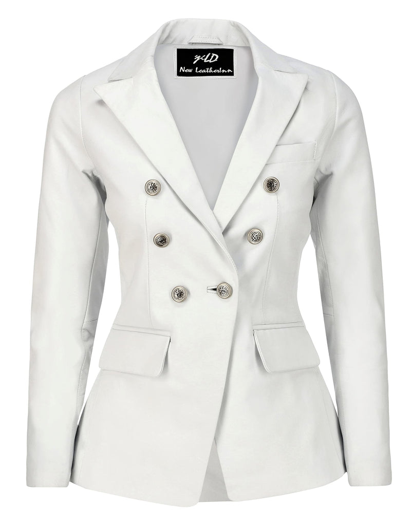 Jild Double Breasted Fancy Buttons Lambskin Leather Blazer Women - Kim Kardashian Long Sleeve Coat Style Leather Jacket Women (FC-White-M)