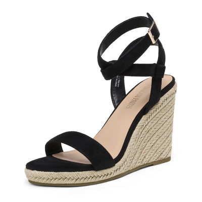 DREAM PAIRS Womens Open Toe Espadrilles Dressy Platform Sandals Buckle Ankle Strap Stylish Wedges Sandals,Size 8,BLACK/SUEDE,SDPW2211W