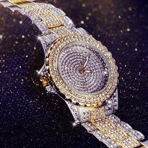Smalody Round Luxury Women Watch Crystal Rhinestone Diamond Watches Stainless Steel Wristwatch Iced Out Watch with Japan Quartz Movement for Women | Simulated Lab Diamonds (Mix Gold)