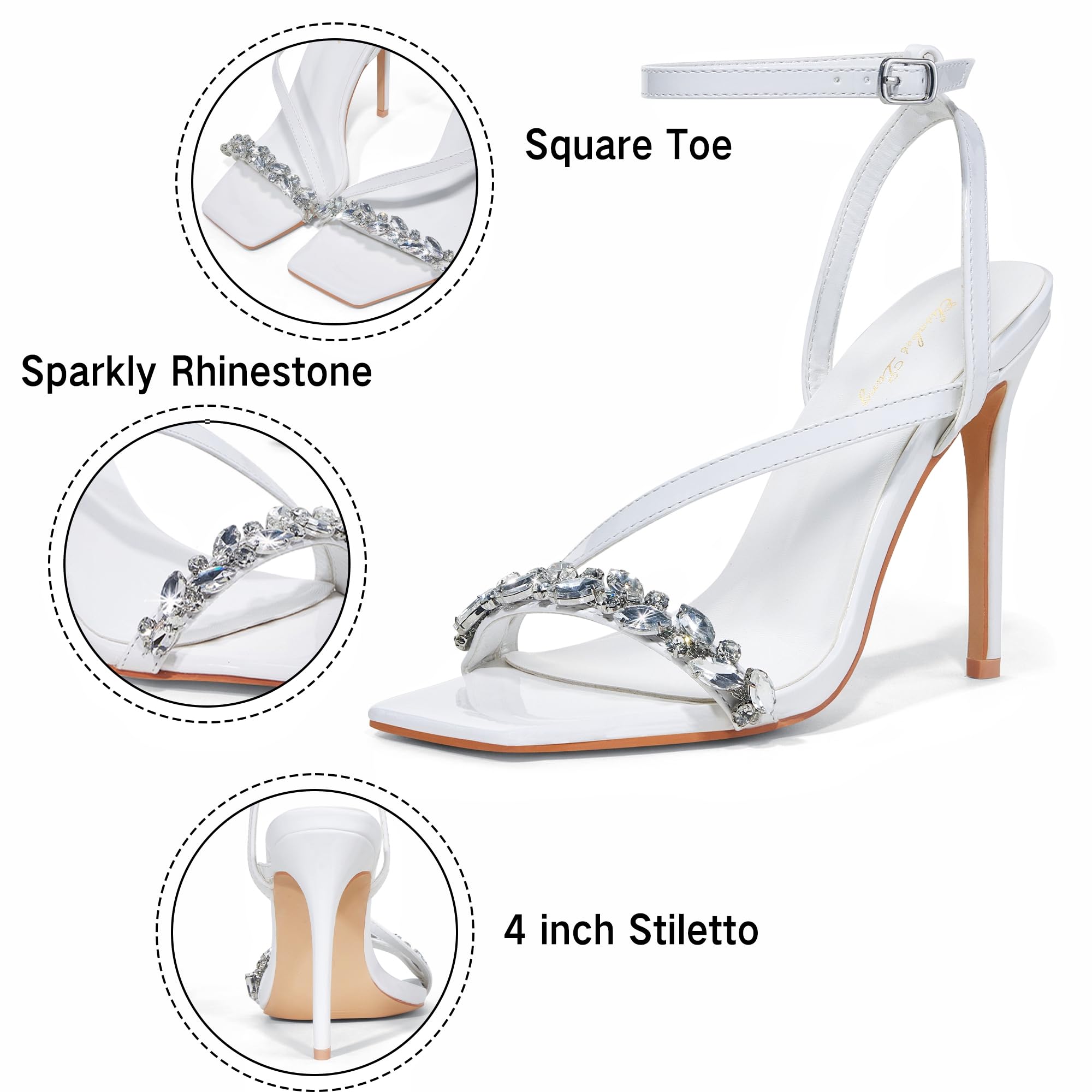 Elisabet Tang Women’s Crystal Stilettos Heeled Sandals, 4 Inch Square Open Toe Strappy Sexy High Heels Ankle Strap Buckle Heels for Party Wedding Dress Daily Wear Shoes Gold Size 8.5