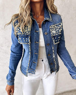 Load image into Gallery viewer, LifeShe Women's Pearls Denim Jacket Cropped Rhinestones Jean Blazer Coat
