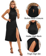 Load image into Gallery viewer, ALENDA DANMOS Women&#39;s Sleeveless Bodycon Halter High Neck Midi Dress Thigh High Slit Cocktail Party Dress 193(X-Small,Black)
