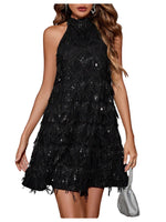 Load image into Gallery viewer, OYOANGLE Women's Sequin Sparkly Cocktail Party Dress Glitter Sleeveless Halter Mini Dress Outfits Clubwear Black S
