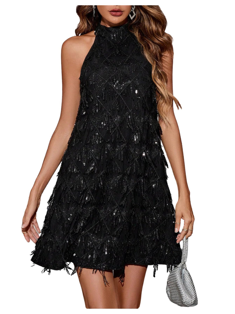OYOANGLE Women's Sequin Sparkly Cocktail Party Dress Glitter Sleeveless Halter Mini Dress Outfits Clubwear Black S