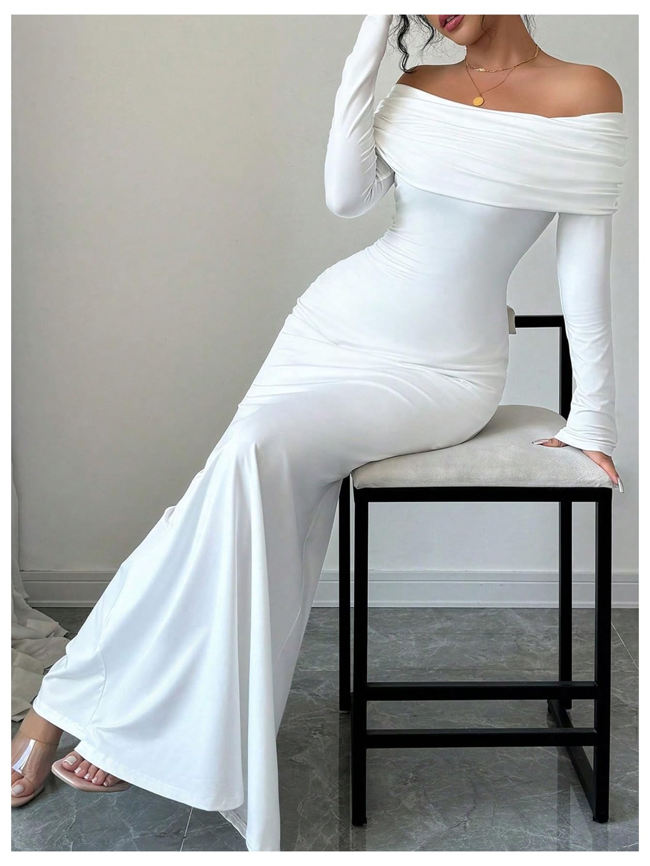 SOLY HUX Women's Long Sleeve Off The Shoulder Bodycon Dress Elegant Maxi Dress Cocktail Prom Dresses Pure White Large