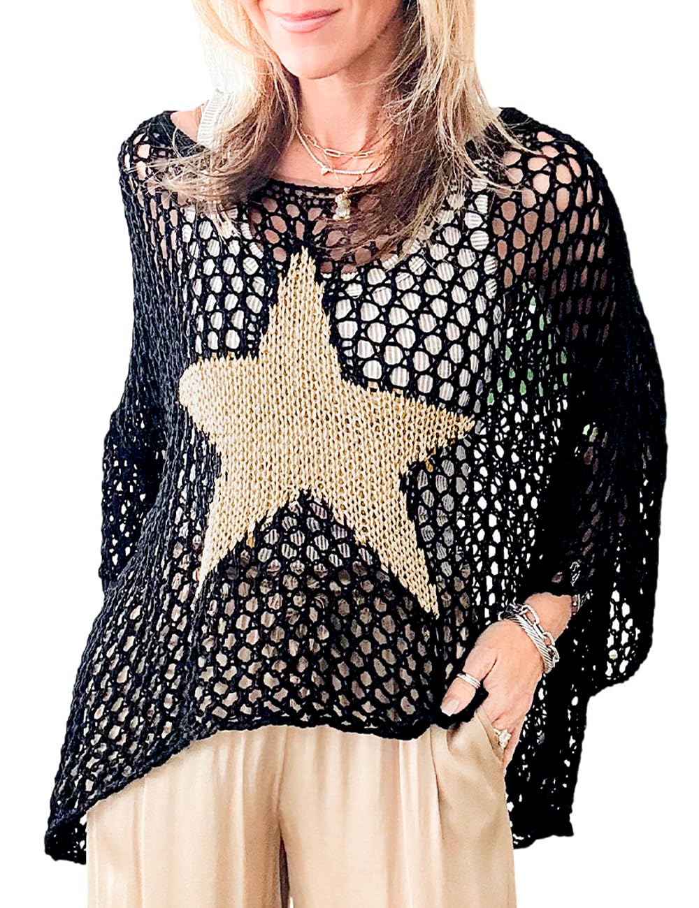 Ecosunny Womens Summer Crochet Hollow Out Scoop Neck Star Graphic Pullover Sweater Knit Tops Shirts Beach Cover Ups A-Black