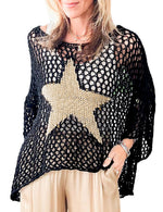 Load image into Gallery viewer, Ecosunny Womens Summer Crochet Hollow Out Scoop Neck Star Graphic Pullover Sweater Knit Tops Shirts Beach Cover Ups A-Black
