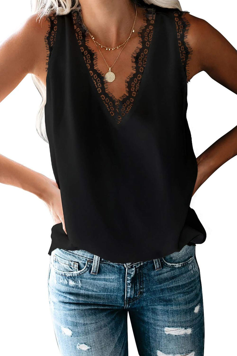 BLENCOT Women's Juniors Cute Lace V Neck Shirts Sleeveless Tops Basic Solid Fashion Tank Tops Blouses Black XS