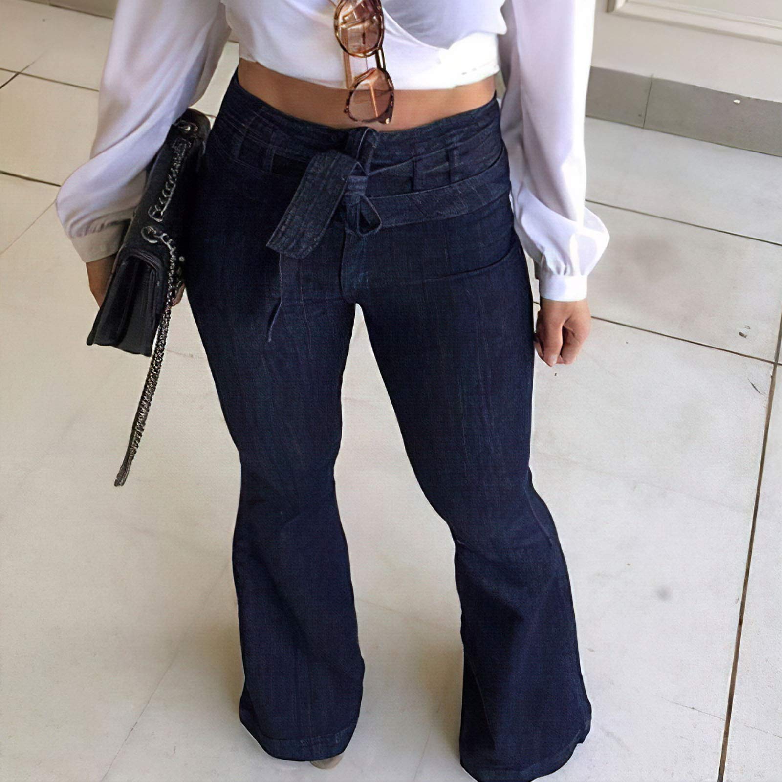 Pantete Womens High Waisted Bell Bottom Jeans Denim High Rise Flare Jean Pants with Belt