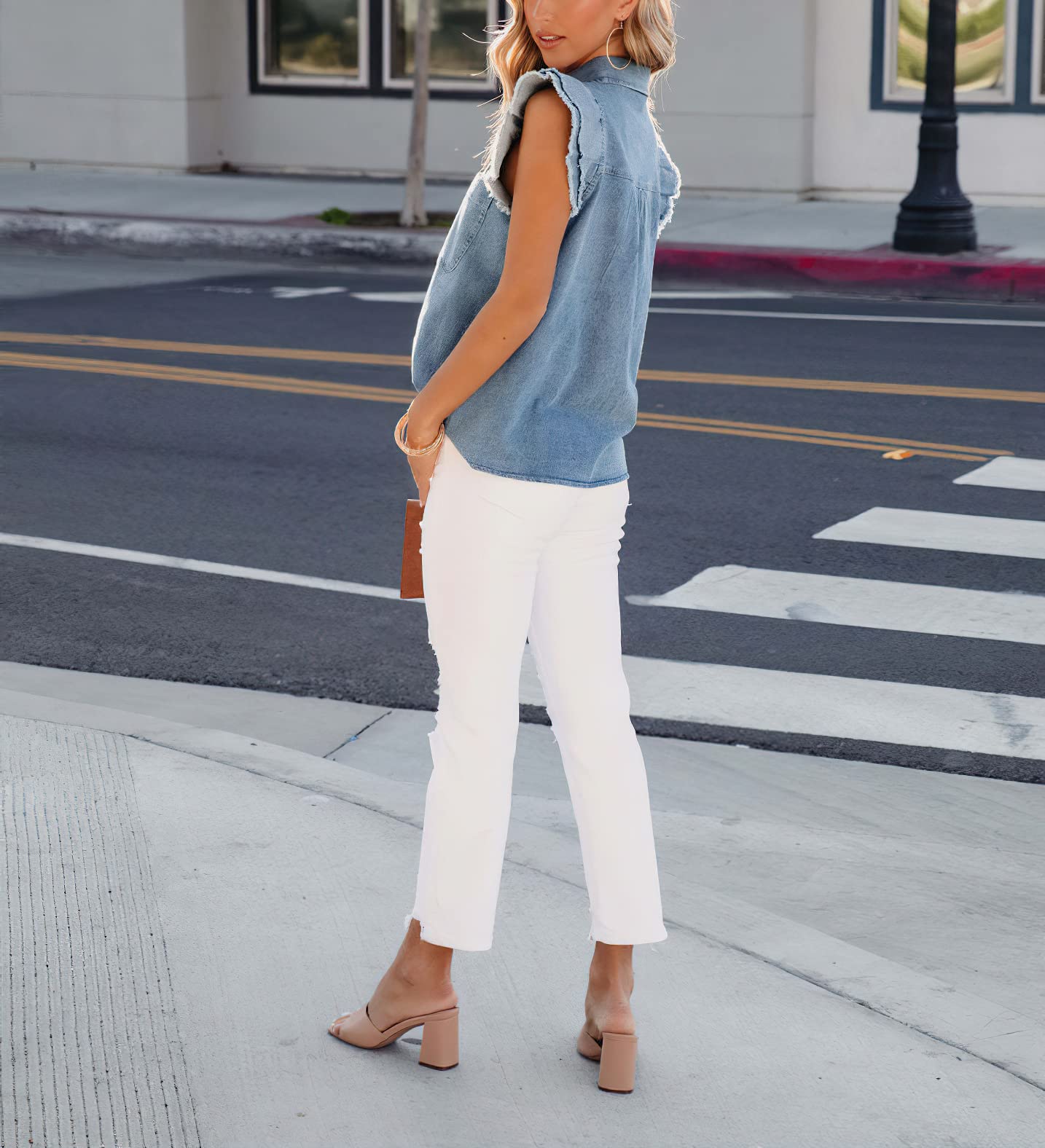 Women's Denim Top Casual Distressed Button Down Cap Sleeve Ruffle Blouses Summer Sleeveless Collared Jean Shirt