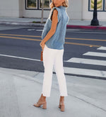 Load image into Gallery viewer, Women&#39;s Denim Top Casual Distressed Button Down Cap Sleeve Ruffle Blouses Summer Sleeveless Collared Jean Shirt
