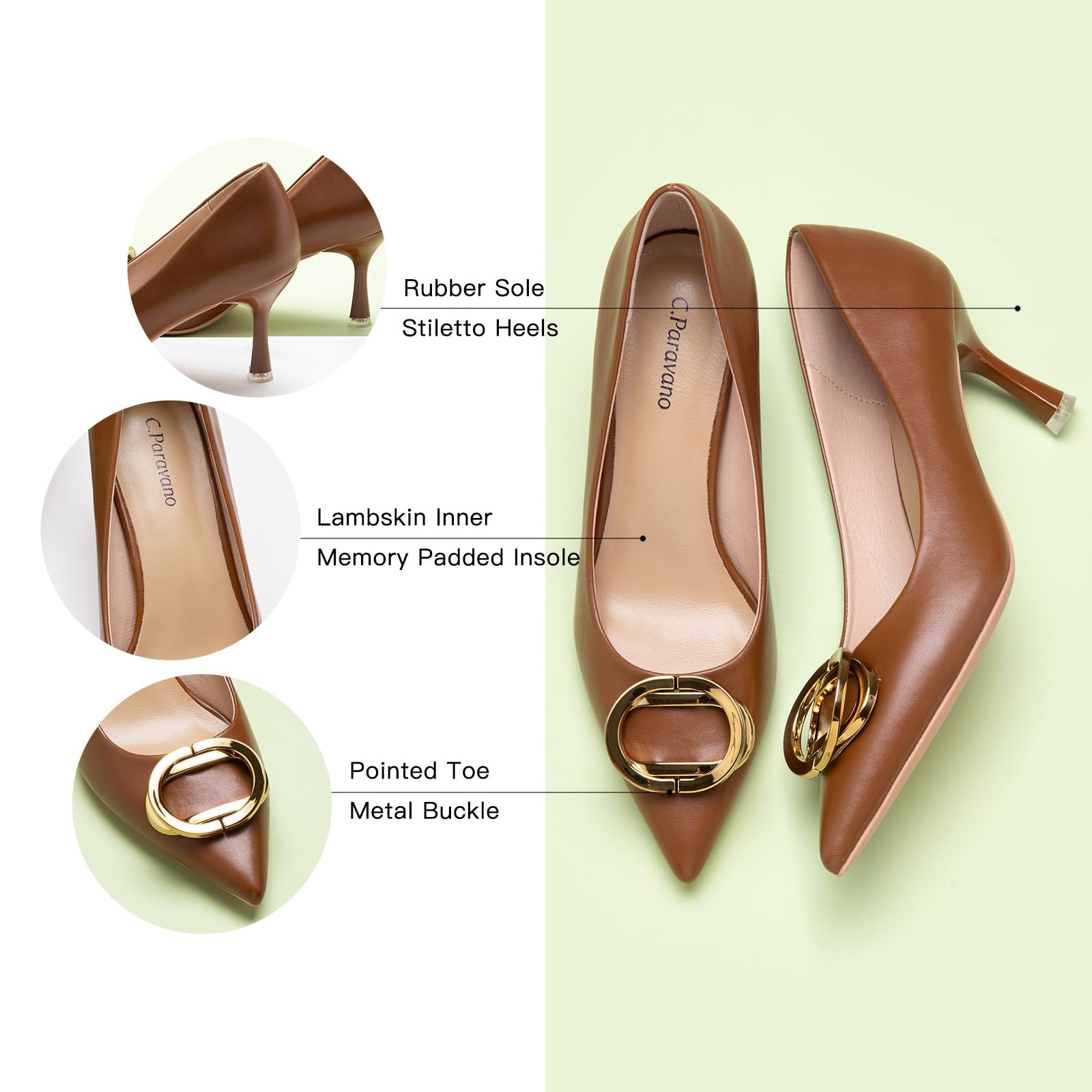 C.Paravano Luxury Metal Accent Stiletto Heels | Business Meeting & Wedding Shoes | Memory Foam Comfort | Slip-Resistant Work & Cocktail Pumps (Brown,Size 8.5)