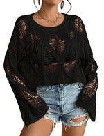 Load image into Gallery viewer, Vinsekep Womens Gothic Short Sweaters Casual Hallow Out Oversized Punk Goth Black Sweater Long Bell Sleeve Ripped Crop Tops with Holes X-Large
