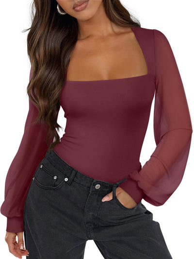 PINKMSTYLE Basic Square Neck Bodysuits for Women Fitted Double Lined Fall Tops Mesh Long Sleeve Shirts Trendy Going Out Tops Burgundy Medium