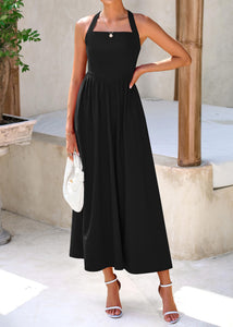 KIRUNDO Women Summer Sleeveless Halter Maxi Dress Sundress 2025 Casual Flowy Wedding Guest Cocktail Beach Vacation Dresses(Black, Medium)