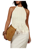 Load image into Gallery viewer, Floerns Women&#39;s Summer Fringe Trim Sweater Vest Sleeveless Knitted Going Out Halter Tops White Small
