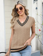 Load image into Gallery viewer, LOMON Sweater Vests for Women 2025 Cap Sleeve Cable-Knit V Neck Tunic Tops Casual Trendy Sleeveless Sweaters (Khaki_XL)
