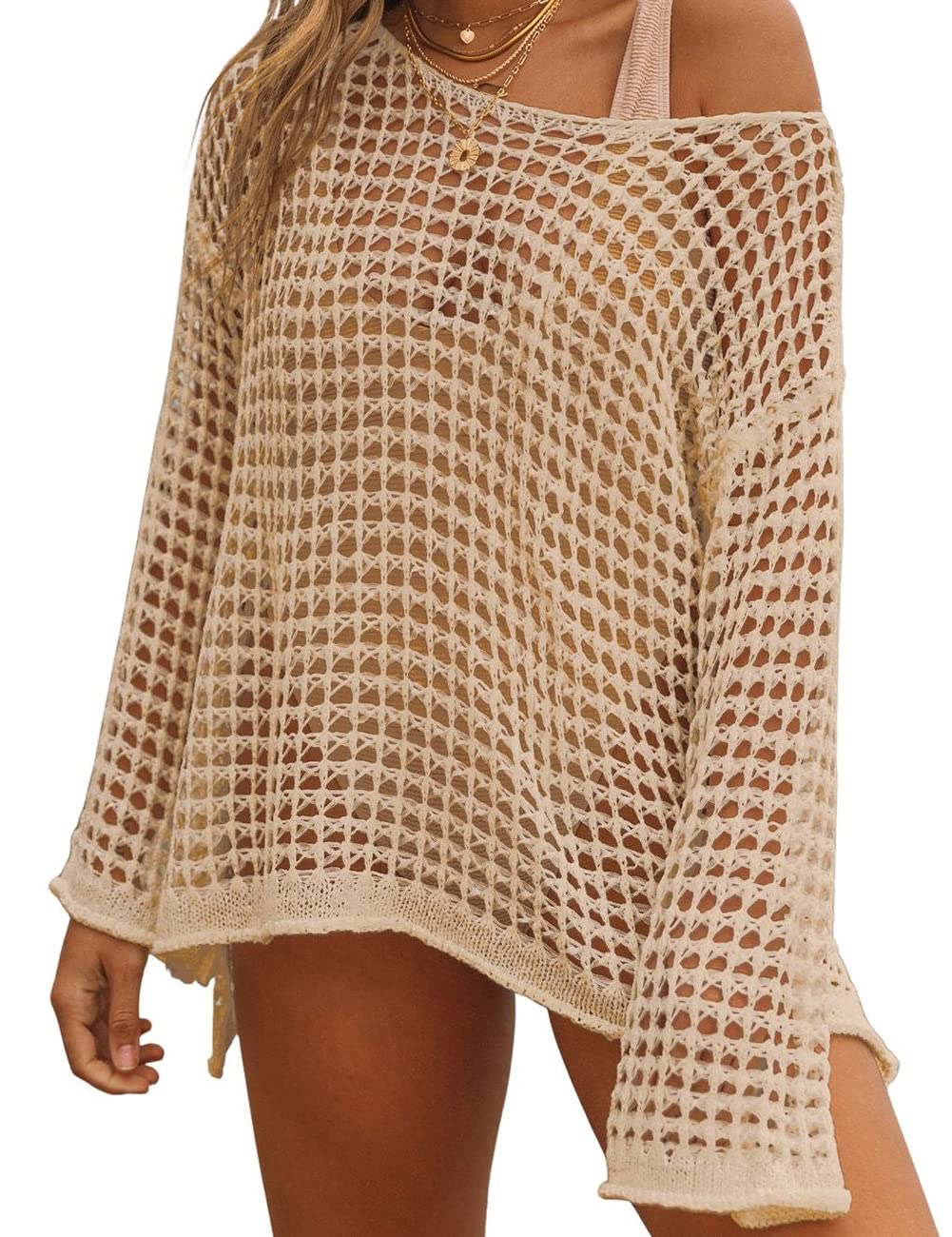 Bsubseach Crochet Cover Ups for Women Sexy Hollow Out Swim Cover Up Knit Summer Outfits Apricot