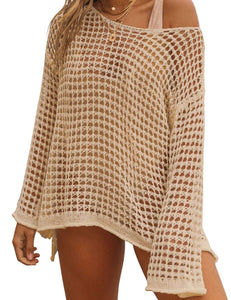 Bsubseach Crochet Cover Ups for Women Sexy Hollow Out Swim Cover Up Knit Summer Outfits Apricot
