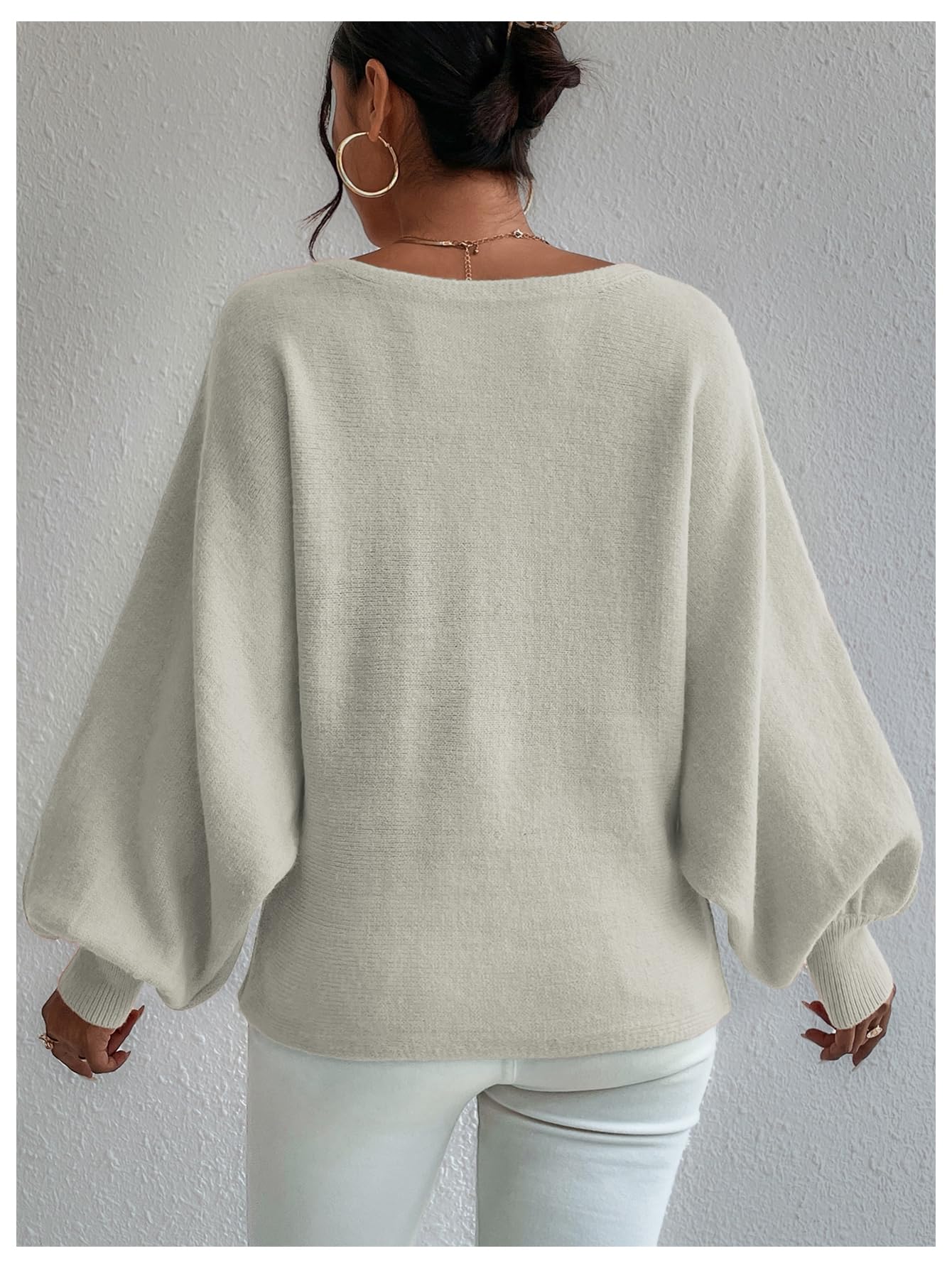 BEAUDRM Women's Lantern Sleeve Sweater Graphic Boat Neck Drop Shoulder Long Sleeve Oversized Pullovers Jumper Top Beige Medium