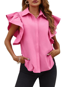 Tankaneo Womens Ruffle Button Down Shirts Cute Summer Short Sleeve Tops Blouse Rose Red