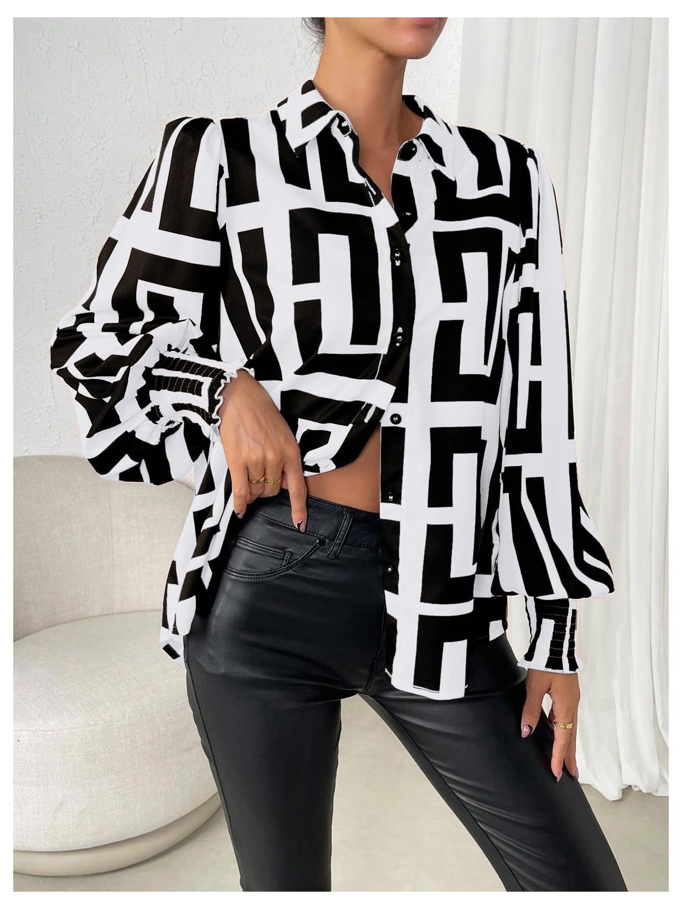 SweatyRocks Women's Graphic Print Long Lantern Sleeve Collar Neck Button Front Blouse Shirt Top Black Medium