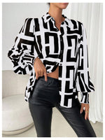 Load image into Gallery viewer, SweatyRocks Women&#39;s Graphic Print Long Lantern Sleeve Collar Neck Button Front Blouse Shirt Top Black Medium

