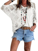 Load image into Gallery viewer, Allimy Womens Summer Sexy Tops for Women 2026 Crochet Coverups Long Sleeve Sweaters V Neck Beach Cover ups Resort Wear Vacation Cruise Outfits Boho Clothes White US 8 10
