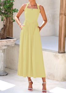 KIRUNDO Women Summer Sleeveless Halter Maxi Dress Sundress 2025 Casual Flowy Wedding Guest Cocktail Beach Vacation Dresses(Yellow, Medium)