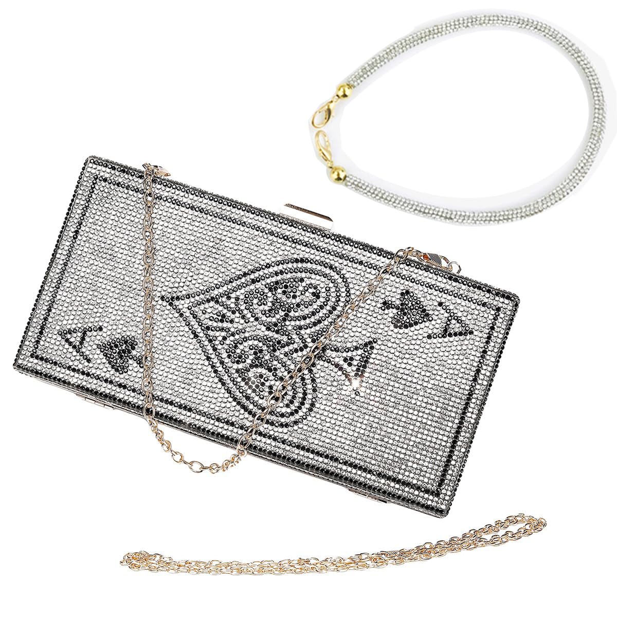 MAYIFDO Diamond Sliver Crystal Evening Bag Rhinestone Bling Handbags Ace of Spades Purses Poker Card Clutch For Party.