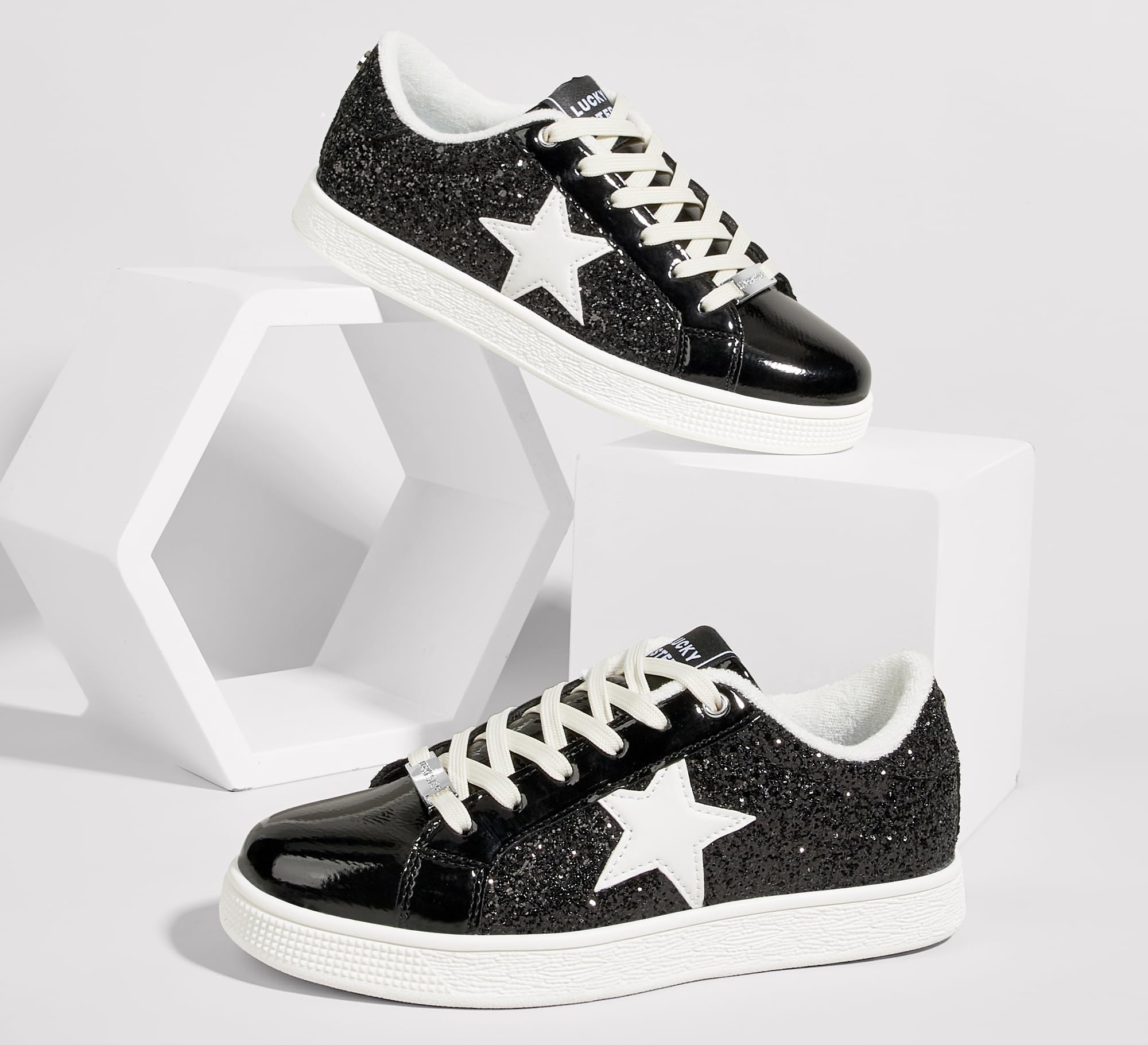 LUCKY STEP Women's Fashion Star Sneaker Lace Up Low Top Comfortable Cushioned Walking Shoes(Black Glitter,8.5 B(M) US)