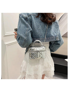 Floerns Women's Square Mini Bucket Quilted Crossbody Hobo Bag Satchel Purse with Chain Strap Silver One Size