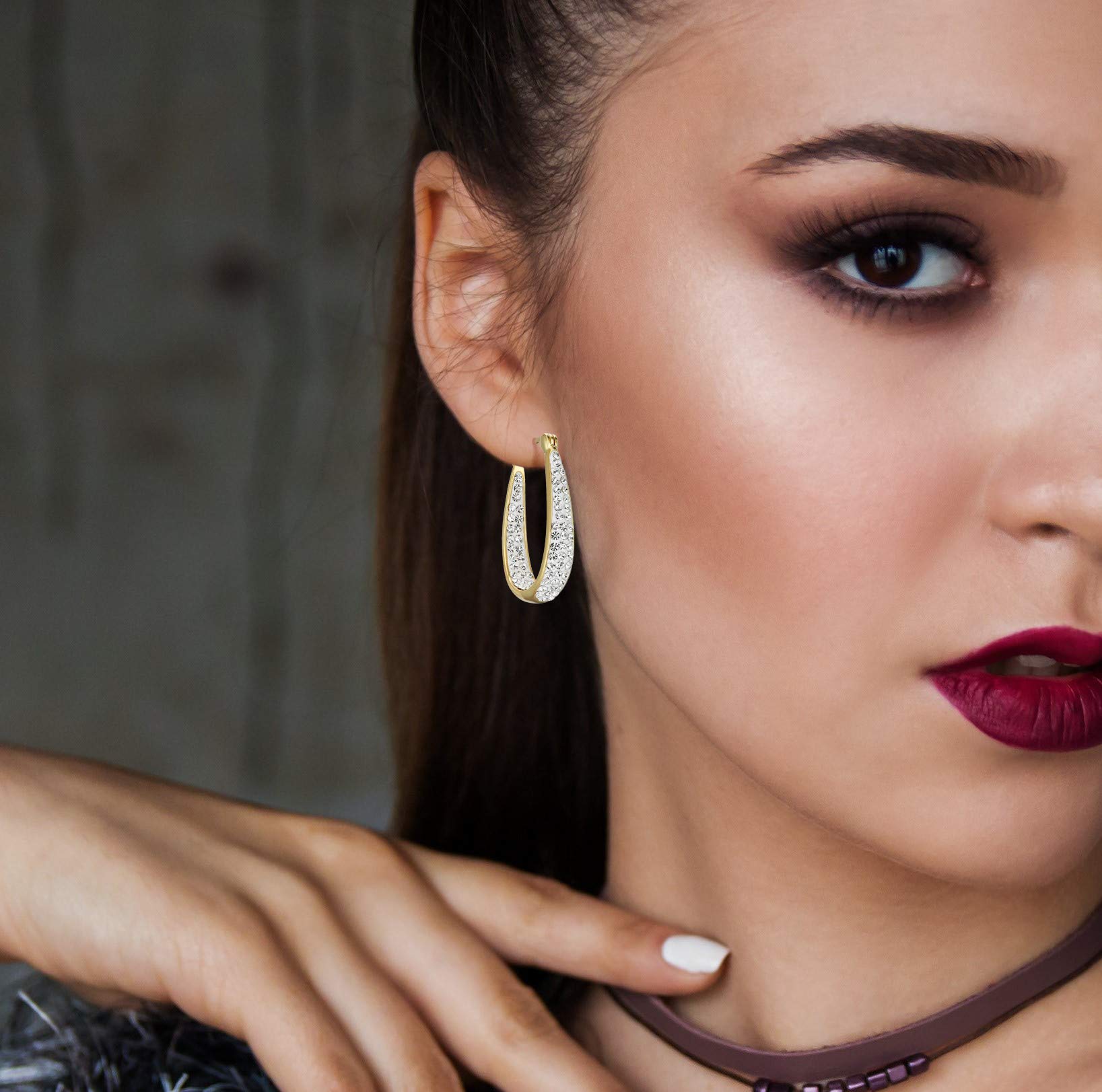 Savlano Inside Out Oval Shape Crystal Hoop Earrings For Women (Yellow Gold)