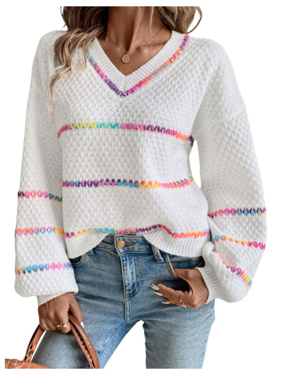 Verdusa Women's Striped Oversized Sweaters Vacation Drop Shoulder Pullover Fall Cozy Sweater for Women White X-Small