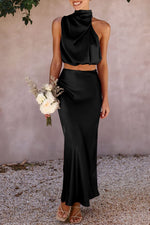 Load image into Gallery viewer, PRETTYGARDEN Women&#39;s 2 Piece Satin Outfits Summer Sleeveless Mock Neck Crop Tops and Long Skirt Dress Sets (Black,Medium)
